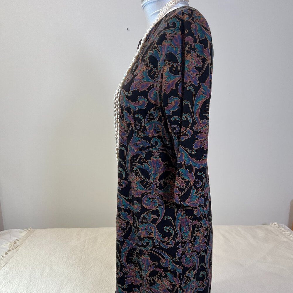 PERUVIAN CONNECTION Midi Dress-Black Gold Lavender Pima Cotton-Size Large - Picture 4 of 12